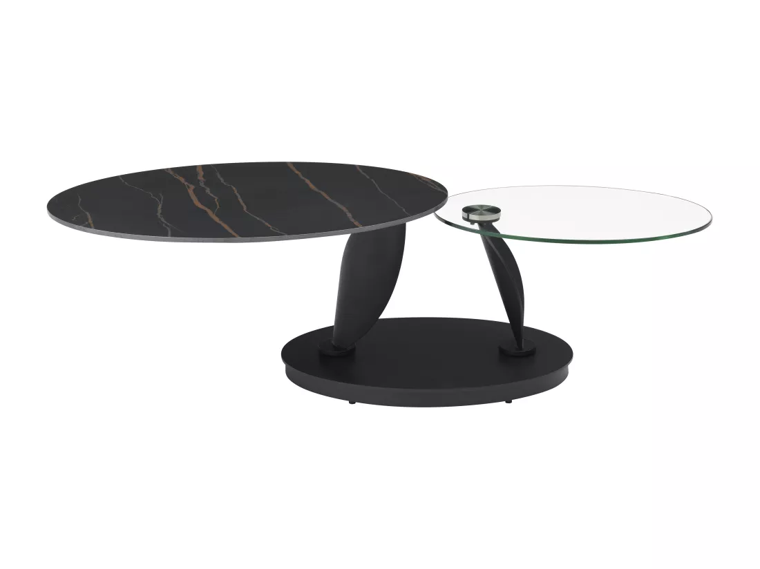 Table basse avec plateaux pivotants en céramique, verre trempé et métal - Effet marbre noir - MANEYA de Maison Céphy