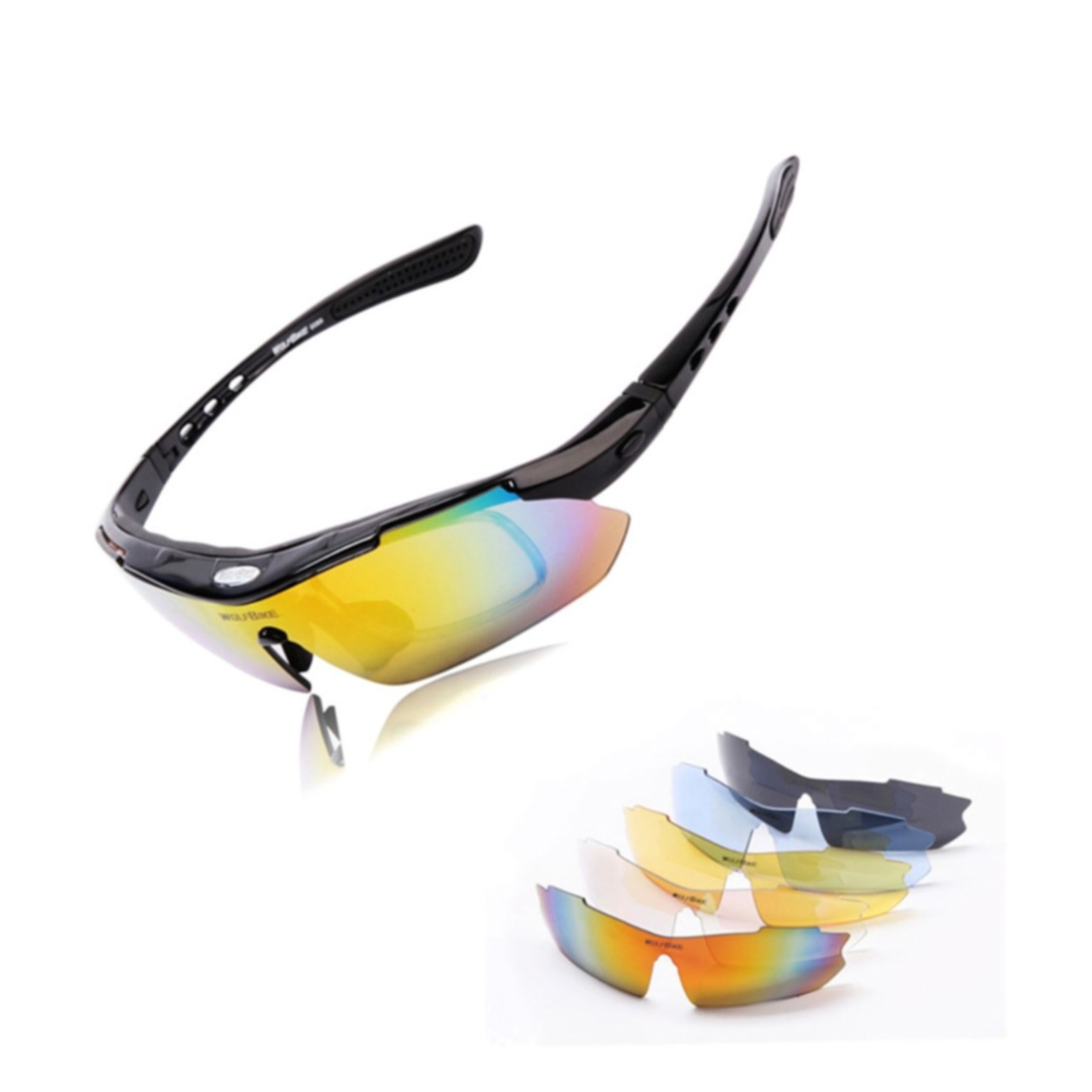 Wolfbike - Polarisierte Sportbrille Fahrrad Sonnenbrille inkl. 5 Wechselgläser   Etui - Schwarz