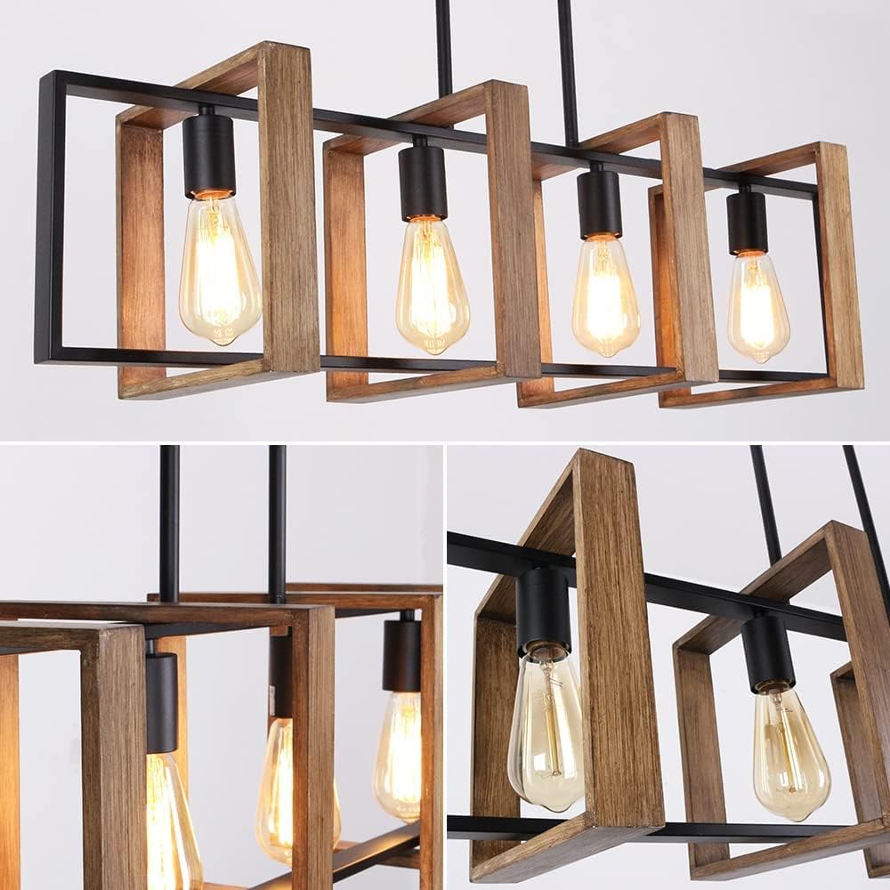 Kitchen Island Lighting,Hängeleuchte Esstisch 4-Flammige,Industrial Pendelleuchte Für Kücheninseln,Moderne Esstisch Pendelleuchte,Holz Und Matt Schwarzes Metall Lampe Esstisch E27 (4 Köpfe, Holz)