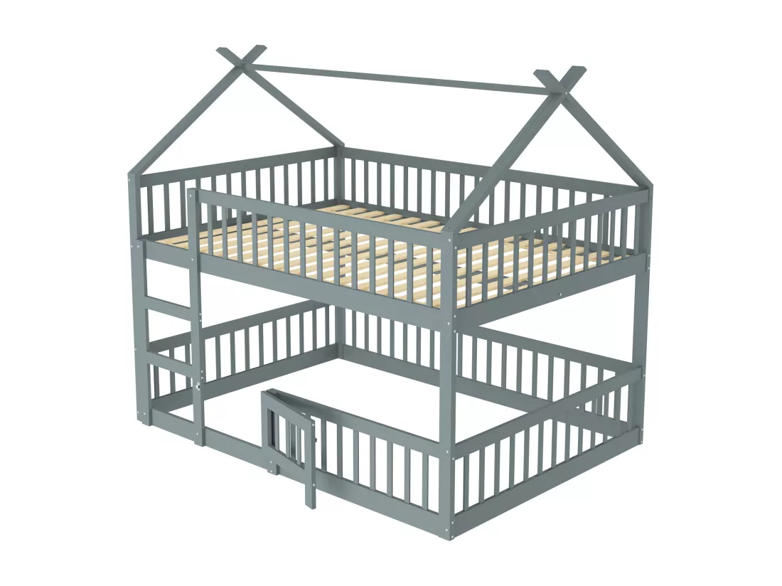 Lits superposés 2 x 140 x 200 cm avec porte et barrières - Bois MDF - Sommier à lattes - Gris