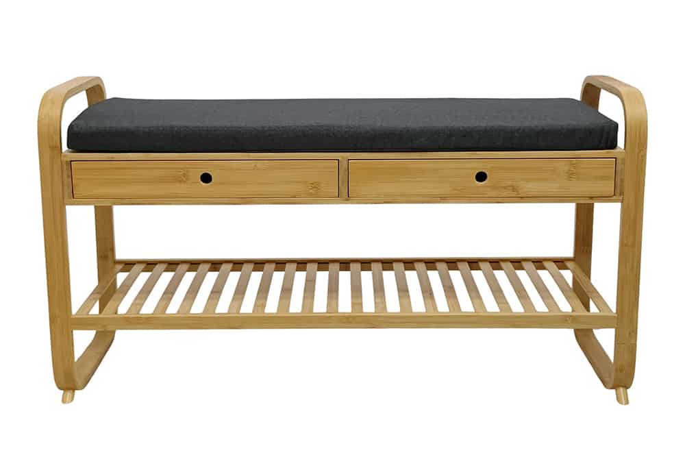Stilvolle Schuhbank ZEN-BO 100cm natur grau Bambus Regal Sitzbank mit Schubladen