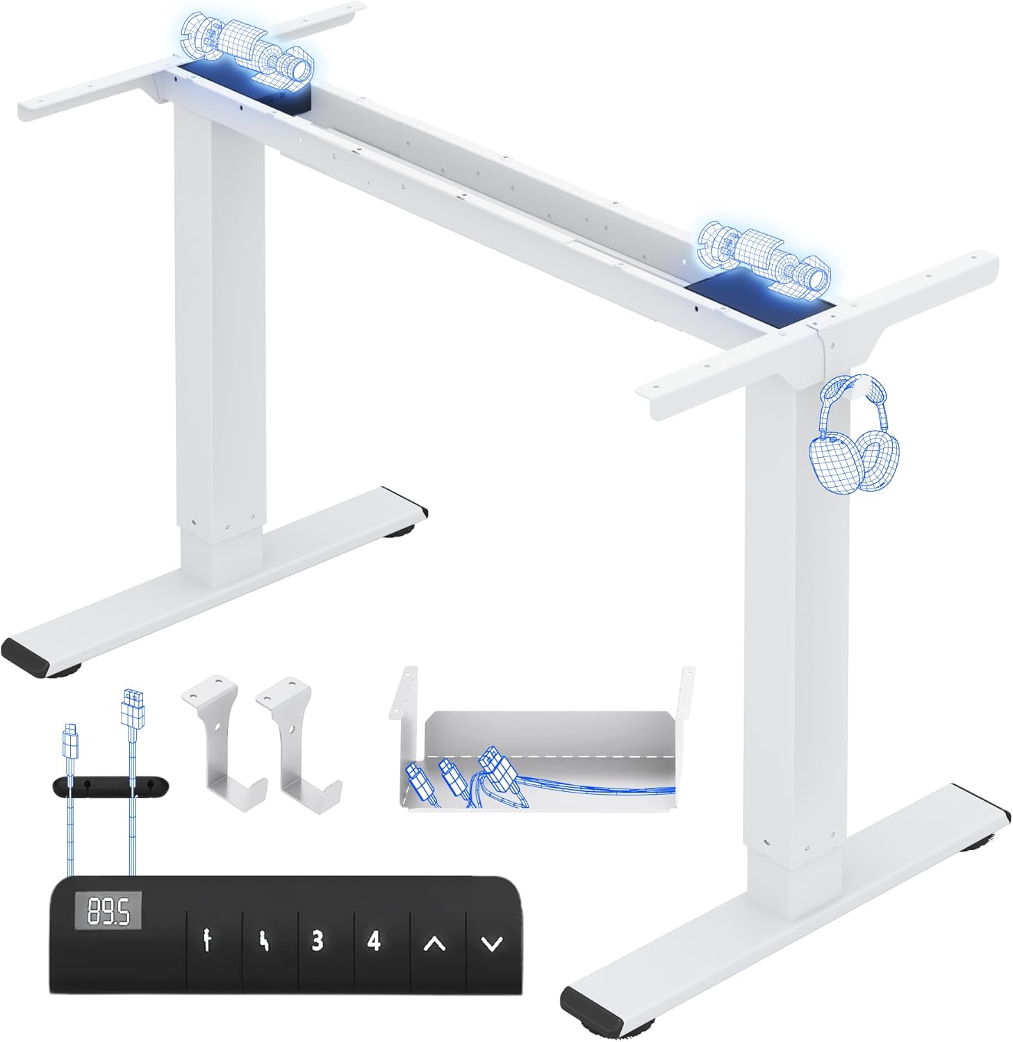 FLEXISPOT Höhenverstellbarer Schreibtisch Gestell, Elektrisch Tischbeine mit 2 Motoren & LED-Höhenanzeige & 4 Speicherfunktionen, inkl. 2 Haken & Kabelmanagement, Weiß
