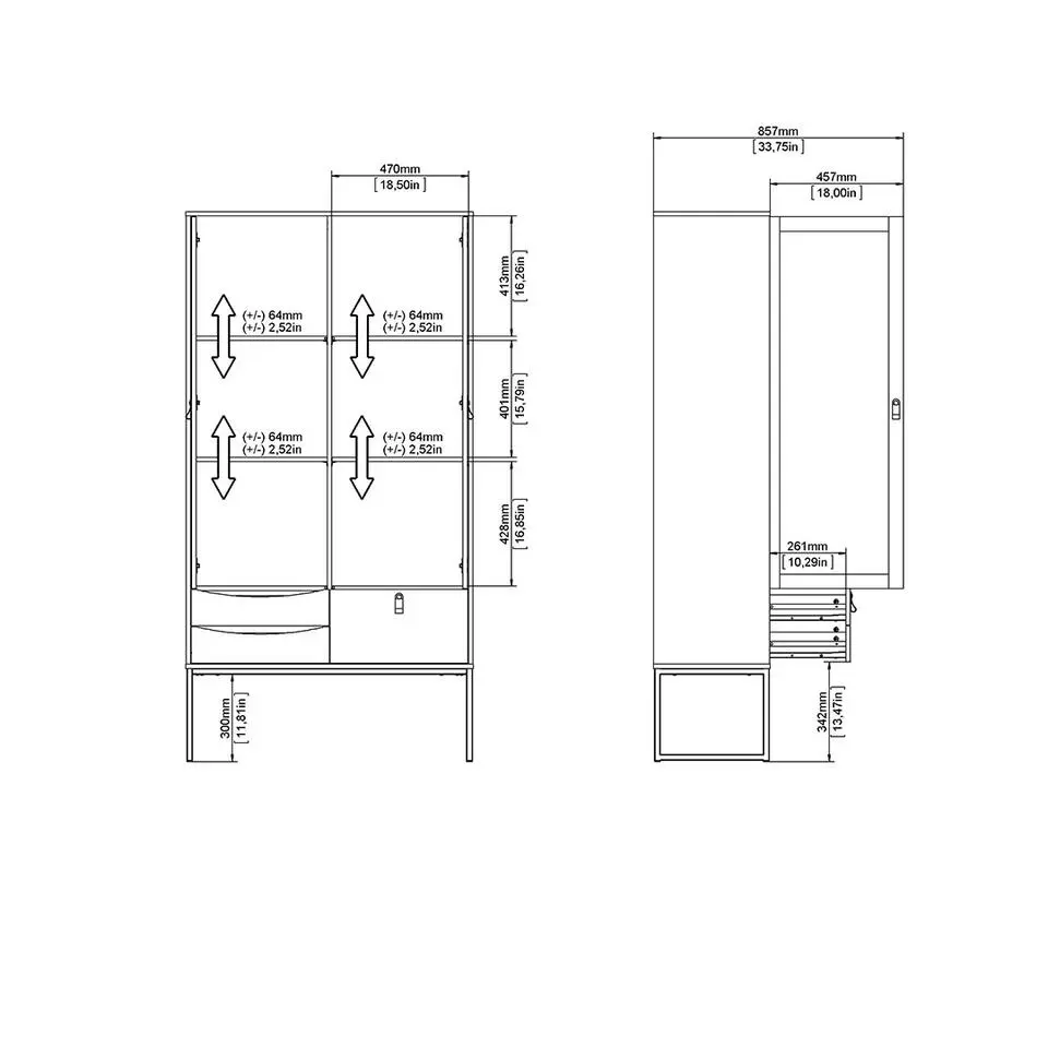 Hioshop Sady vitrinekast 2 glazen deuren- 3 lades mat zwart- eiken decor