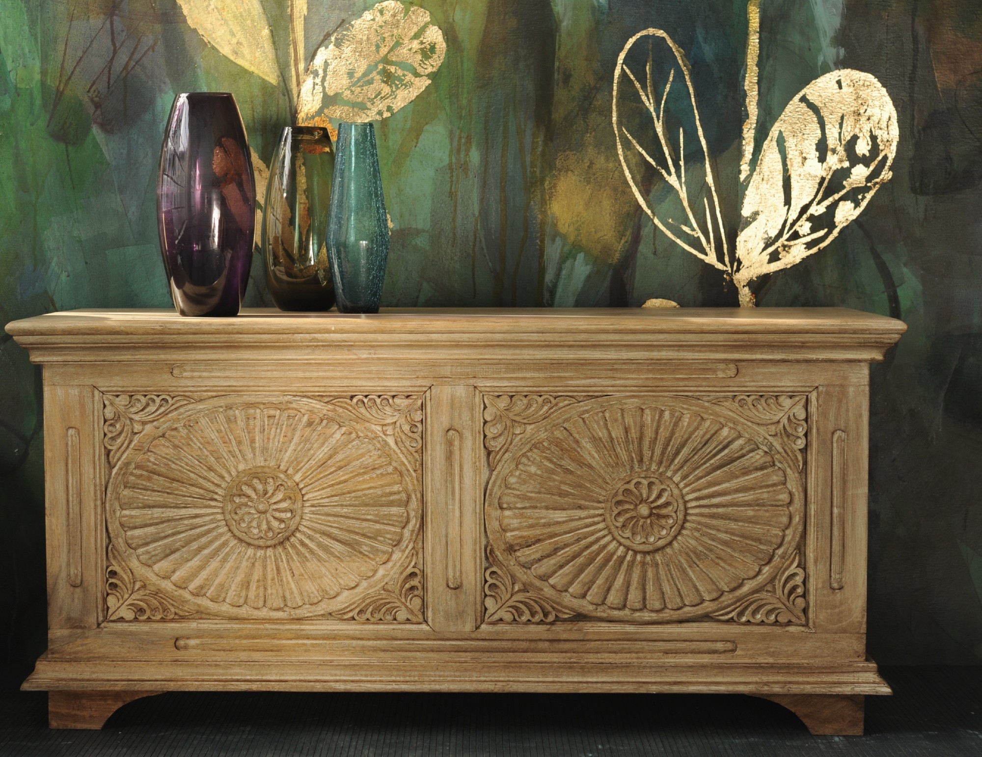 Holztruhe mit Schnitzereien, natur, B 100 cm, T 40 cm, H 47 cm von fischer's lagerhaus