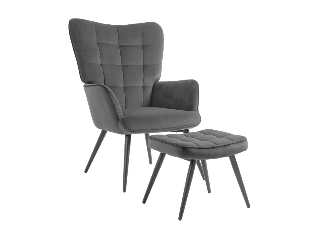 Fauteuil lounge style scandinave avec repose-pied assorti piètement incliné effilé métal noir aspect velours gris