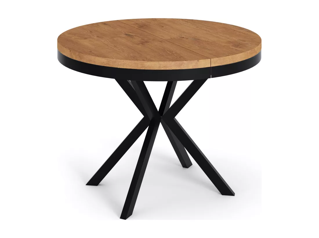 Table à Manger Extensible Ronde - Table Style Loft Avec Pieds En Métal - 90 à 170 Cm - Table Ronde Style Industriel Pour Le Salon - Compacte - Chêne Lancelot/noir -