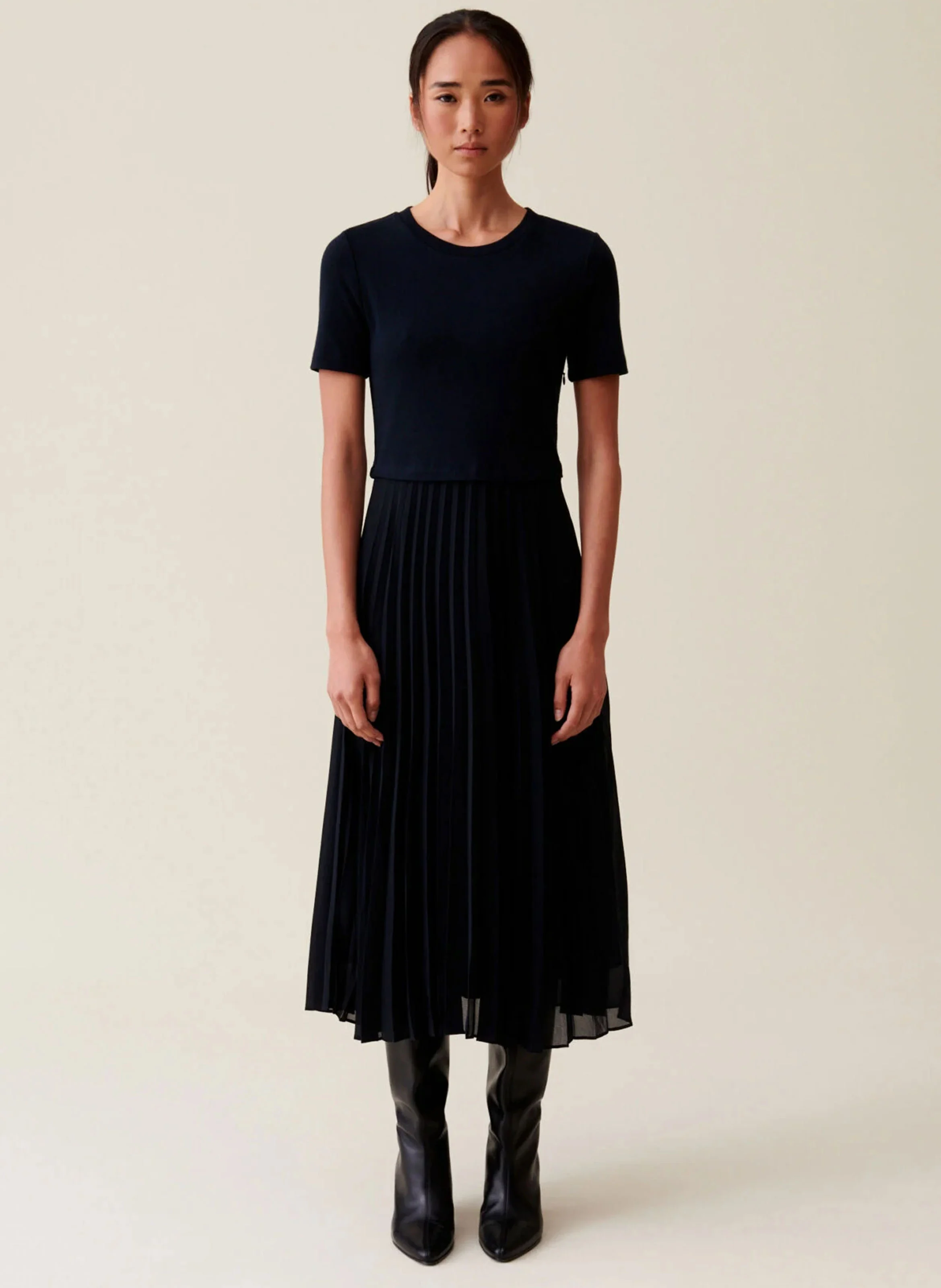 Robe longue col rond plissée | Bleu