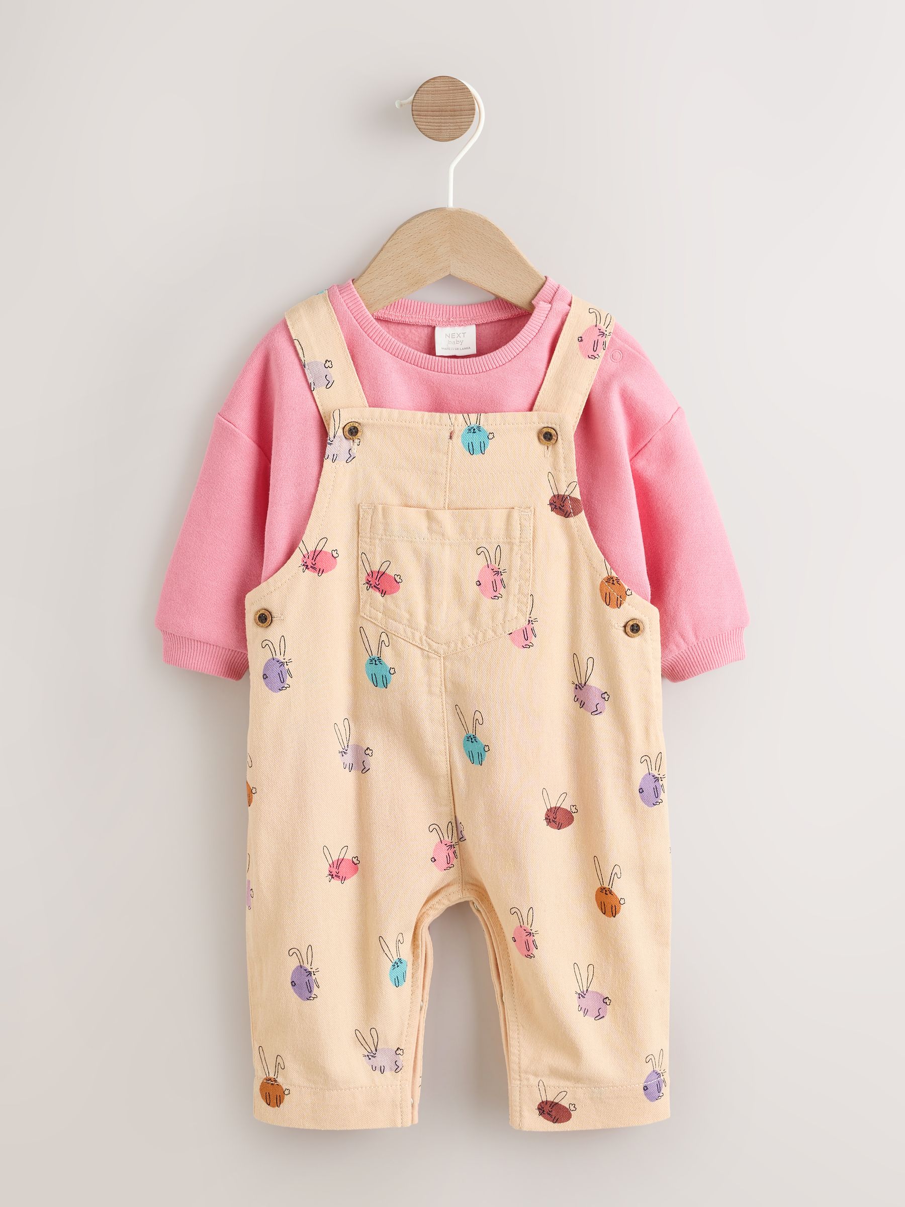 Crème/Roze konijn - Babyset van tuinbroek en rompertje, tweedelig (0mnd-3jr)