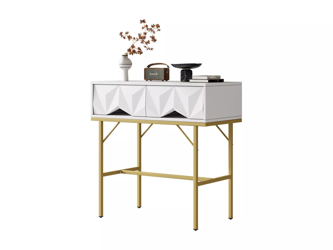 Table console moderne avec 2 tiroirs - 80 x 40 x 80 cm - MDF - pour salon, couloir - blanc + or