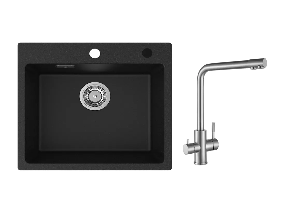Cecipa MAX Evier 1 Bac 50x45cm Evier en Quartz et Résine Evier à Encastrer + Mitigeur Cuisine pour Sstème D'osmose