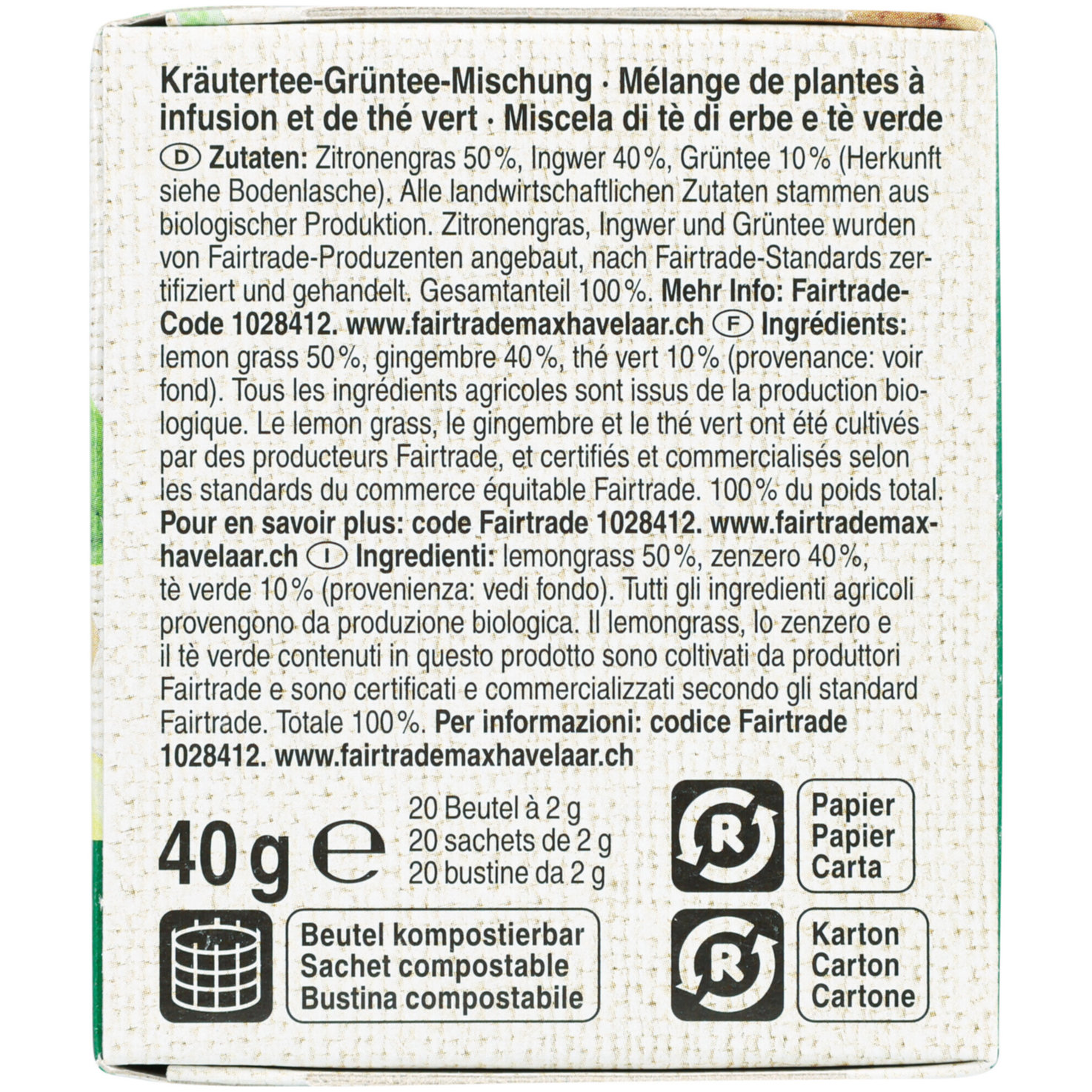 Naturaplan Bio Fairtrade Grüntee Zitronengras 20 Beutel
