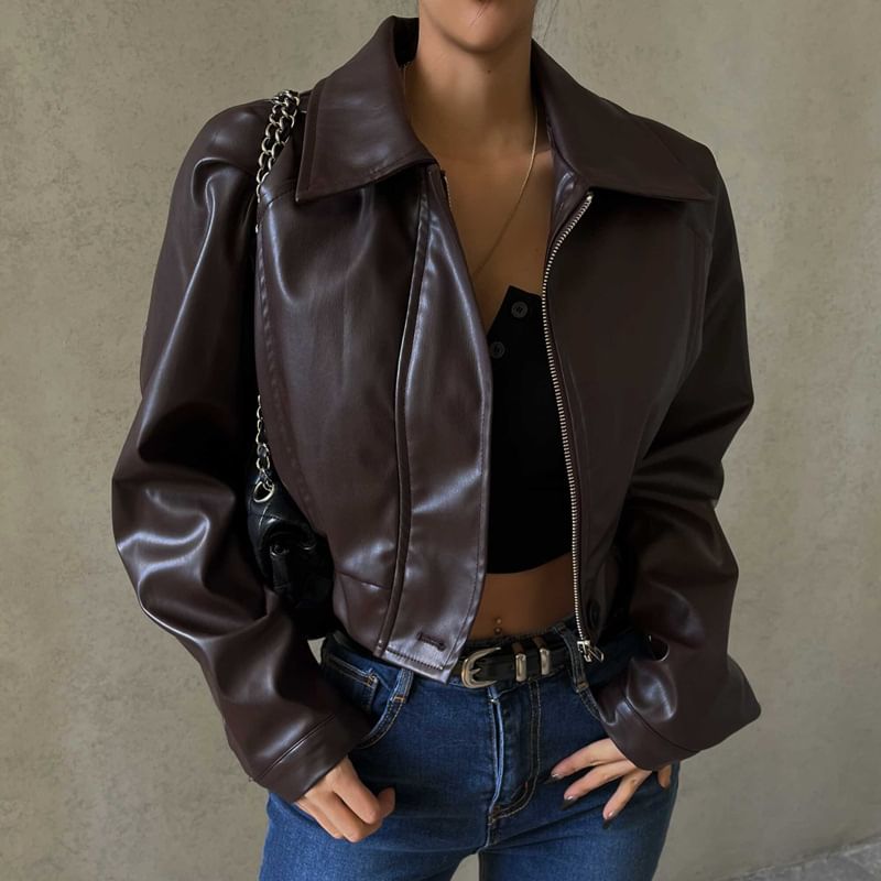 Bulgaris - Kunstleren cropped jack met kraag en rits