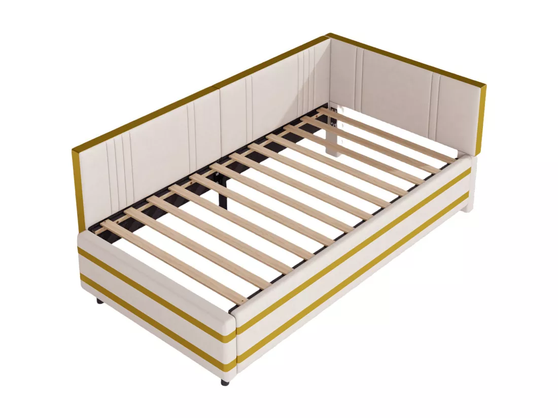 Lit banquette 90x200cm en velours - avec sommier à lattes - Beige (matelas non inclus)