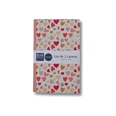 Blue Art Grenadine Heart - Lot de 2 carnets de notes lignés - 9 x 14 cm - 64 pages - jolis cœurs