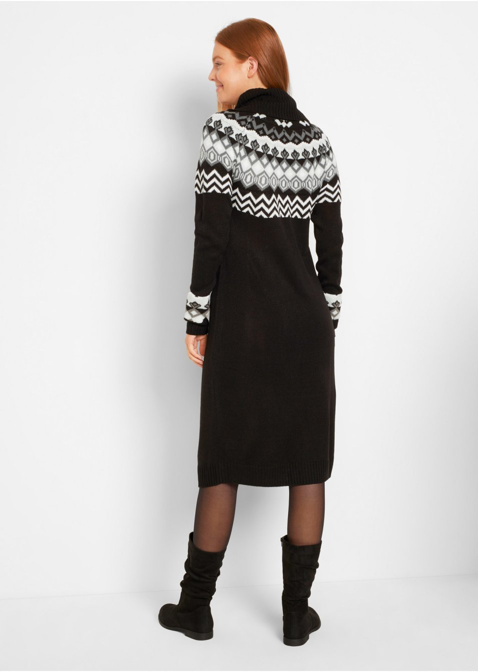 Robe en maille à motif norvégien et col roulé ample, longueur sous genou