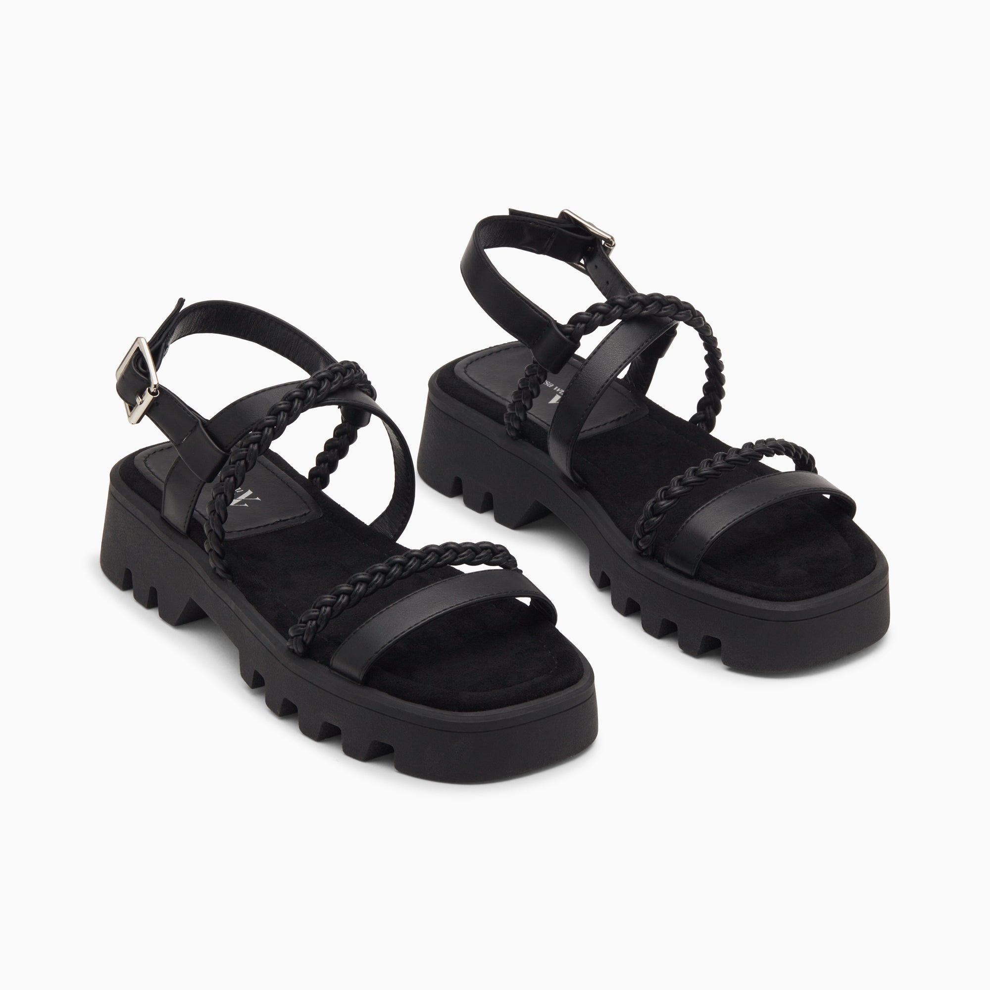 Sandales plates-Sandales Bonnie noires à brides tressées et plateforme crantée