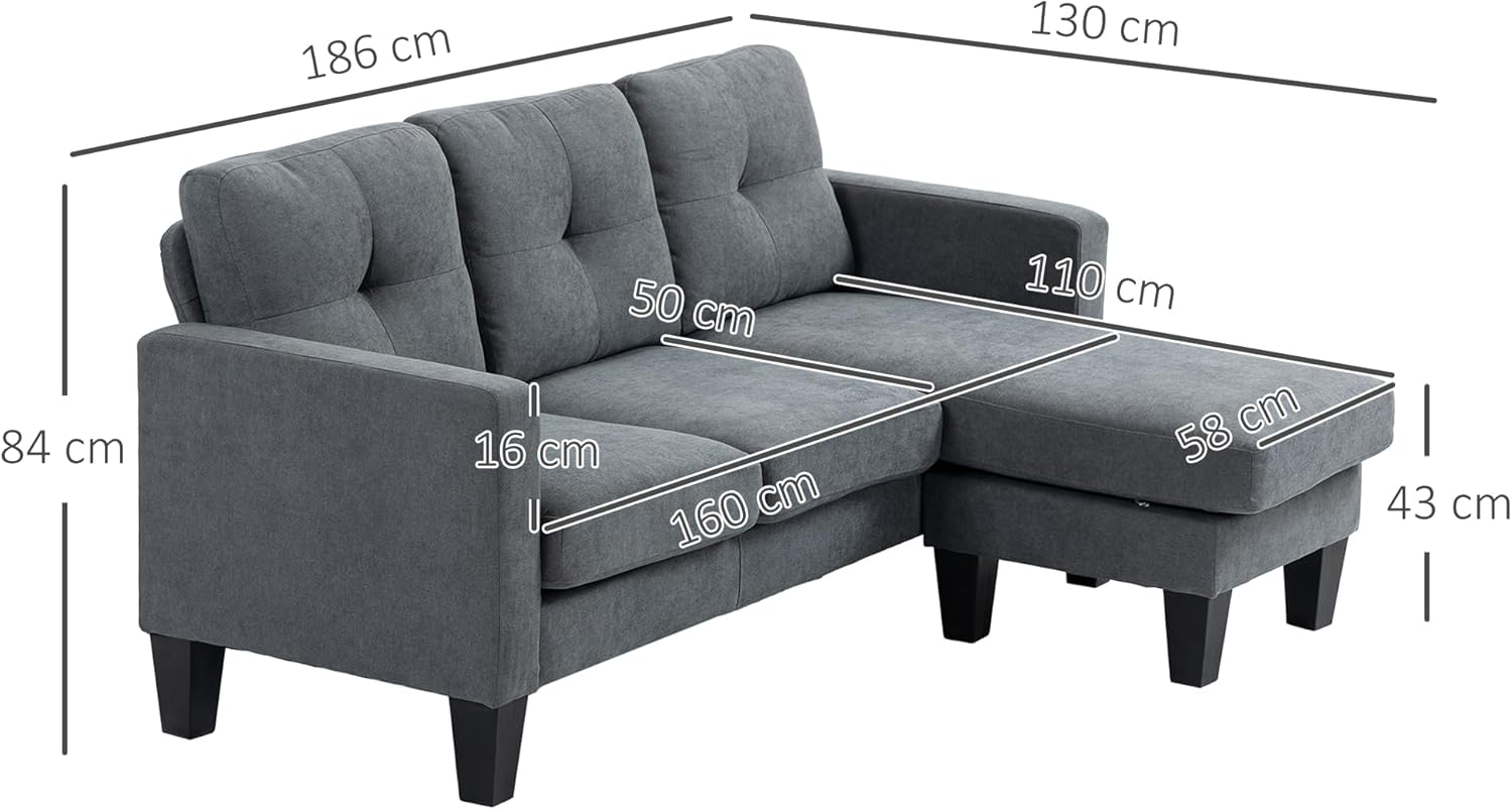 HOMCOM Ecksofa, Eck-Couch mit umkehrbarer Chaiselongue, Sofa in L-Form, Gepolstert Eckcouch mit Federkern, Stahlrahmen Leinenoptik, 186 x 130 x 84 cm, Dunkelgrau