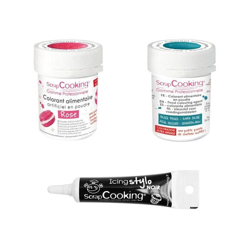 2 colorants alimentaires rose-bleu foncé + Stylo glaçage noir Scrapcoo