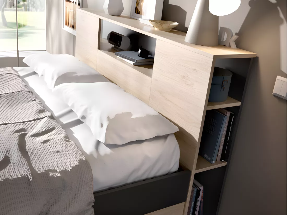 Lit avec tête de lit rangements et tiroirs - 140 x 190 cm - Coloris : Naturel et anthracite + Sommier + Matelas - LEANDRE