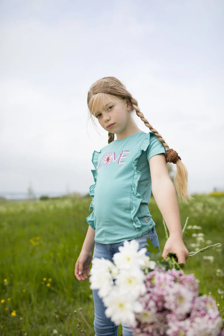 MOODSTREET groene moodstreet top t-shirt frills with embroidery and print
