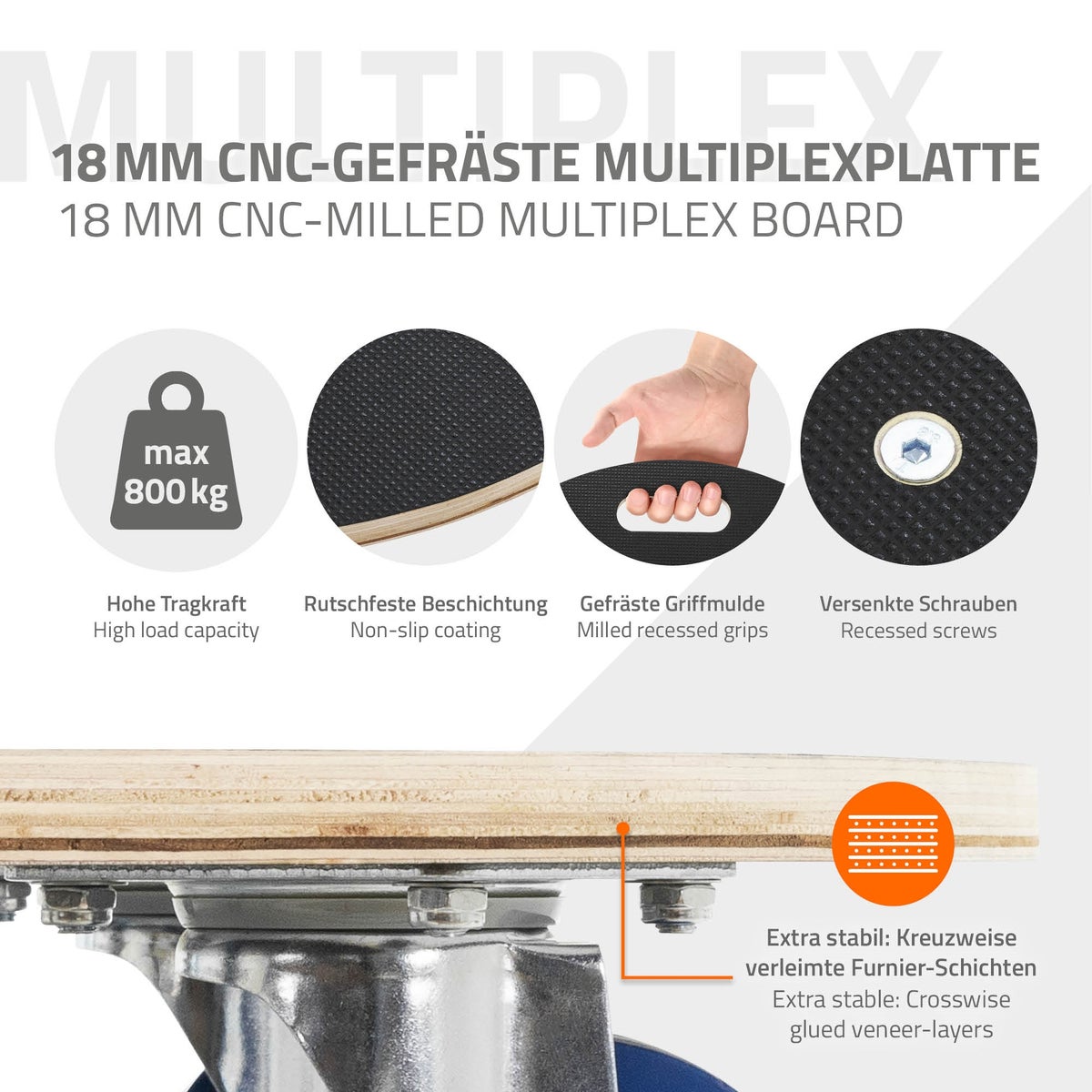 ECD Germany ronde transportwagen Ø87x14,5 cm met zeefdrukplatform en 2 geremde wielen, draagvermogen 800 kg, meubelroller, transporthulp voor verhuizingen en meubeltransport, trolley, transporter
