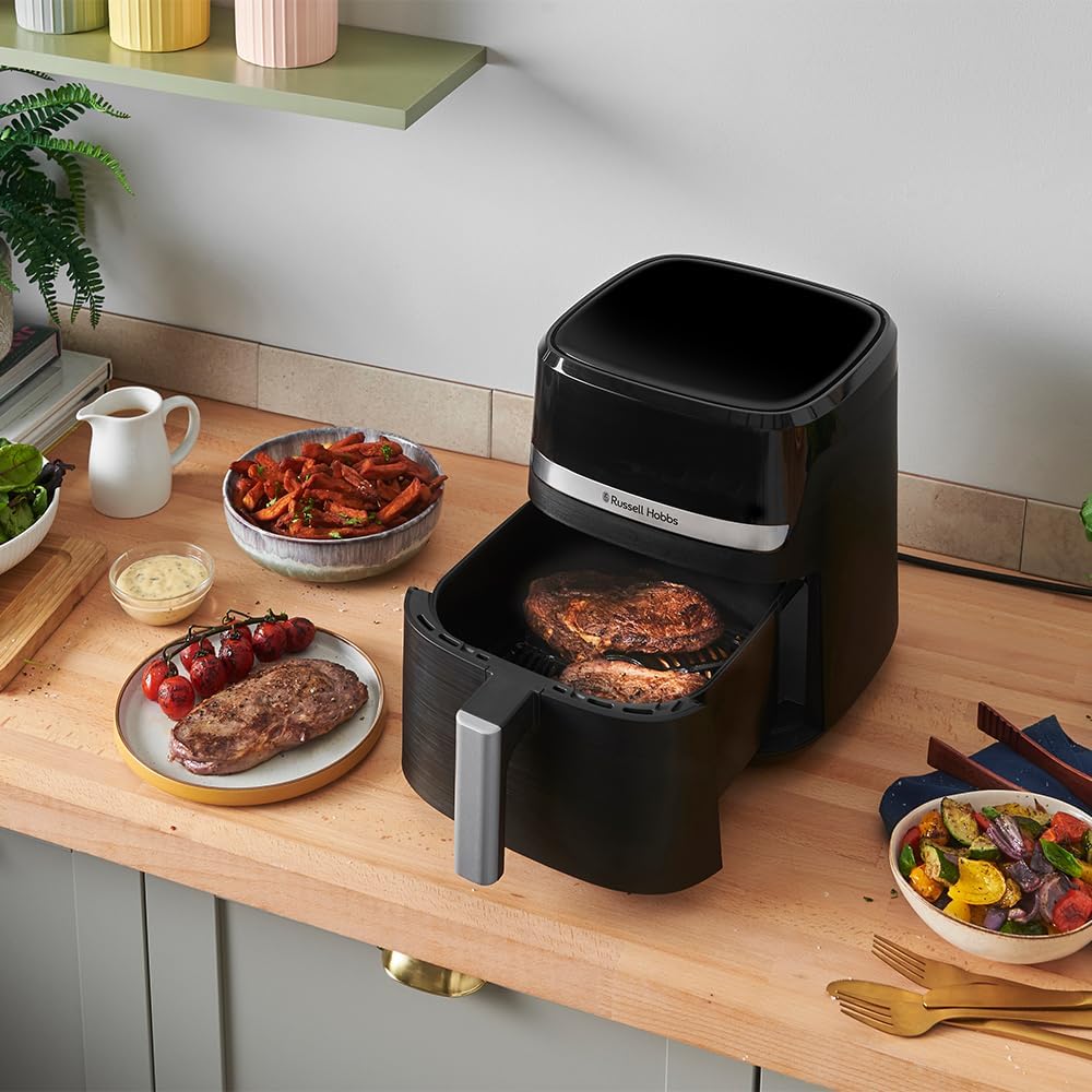 Russell Hobbs Heißluftfritteuse XL 5,5 l Rapid AirFryer (kompaktes Gehäuse, sehr leise) SatisFry (9 Programme, spülmaschinenfest, Fritteuse ohne Öl, TouchScreen, Grillen, Backen) 27621-56