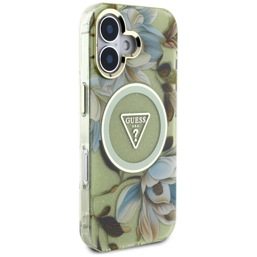 iPhone 16 MagSafe Hardcase Hülle Glitter Flowers Triangle Buttons (GUHMP16SHFLPEDN) - Grün