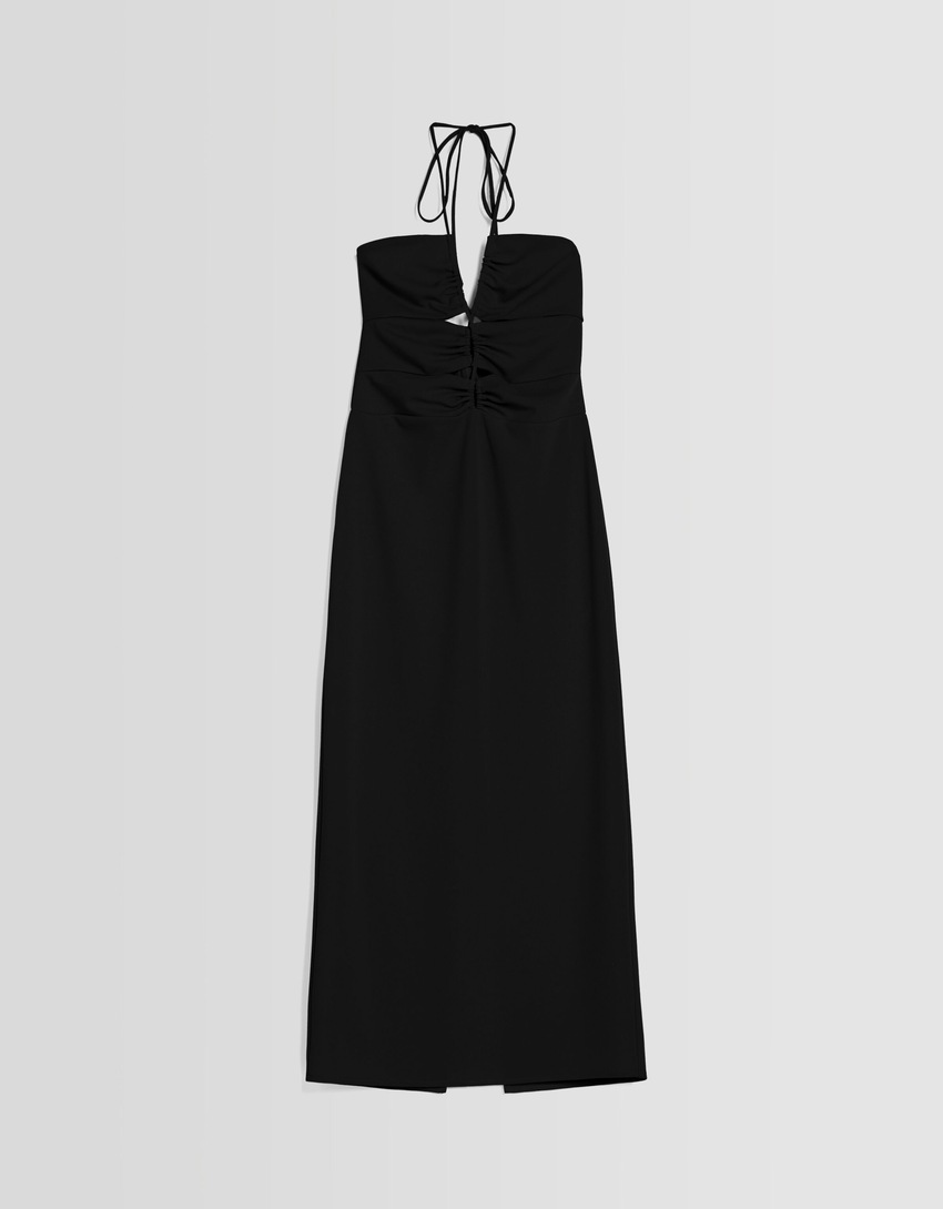 Vestido midi com decote halter e recortes