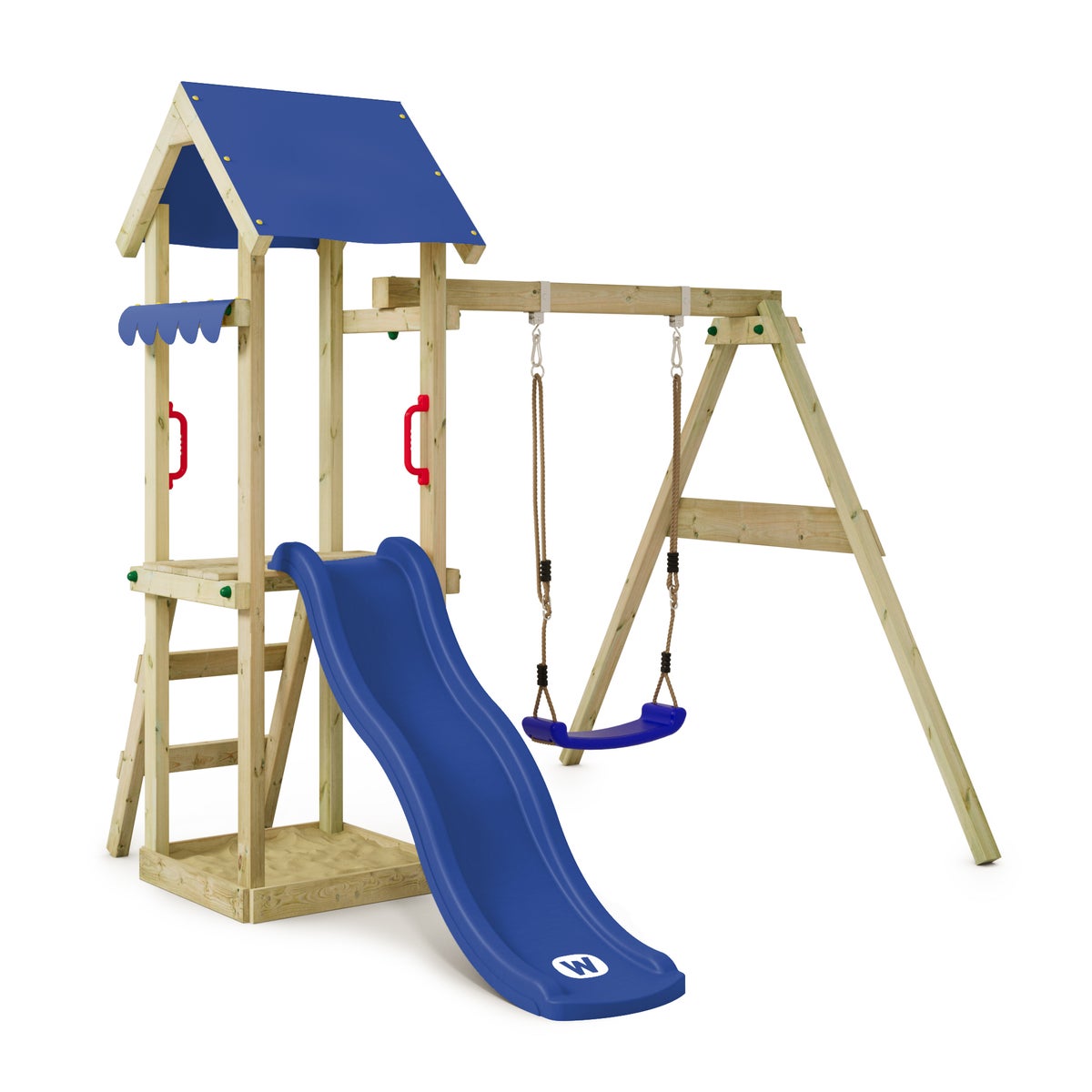 WICKEY TinyWave Speeltoren Klimrek met Schommel en Glijbaan, Klimtoren met Zandbak, Ladder en Speelaccessoires - Blauw