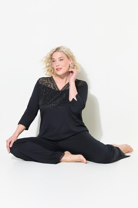 Pyjama, Spitzeneinsatz, V-Ausschnitt, 3/4-Arm