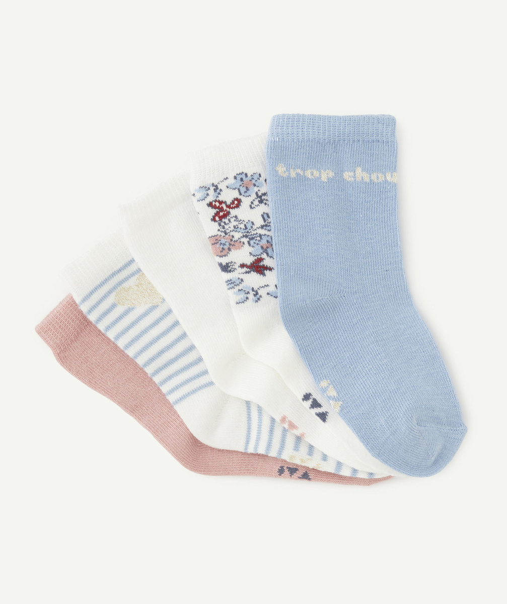 LOT DE 5 CHAUSSETTES FILLE BLEUES BLANCHES ET ROSES