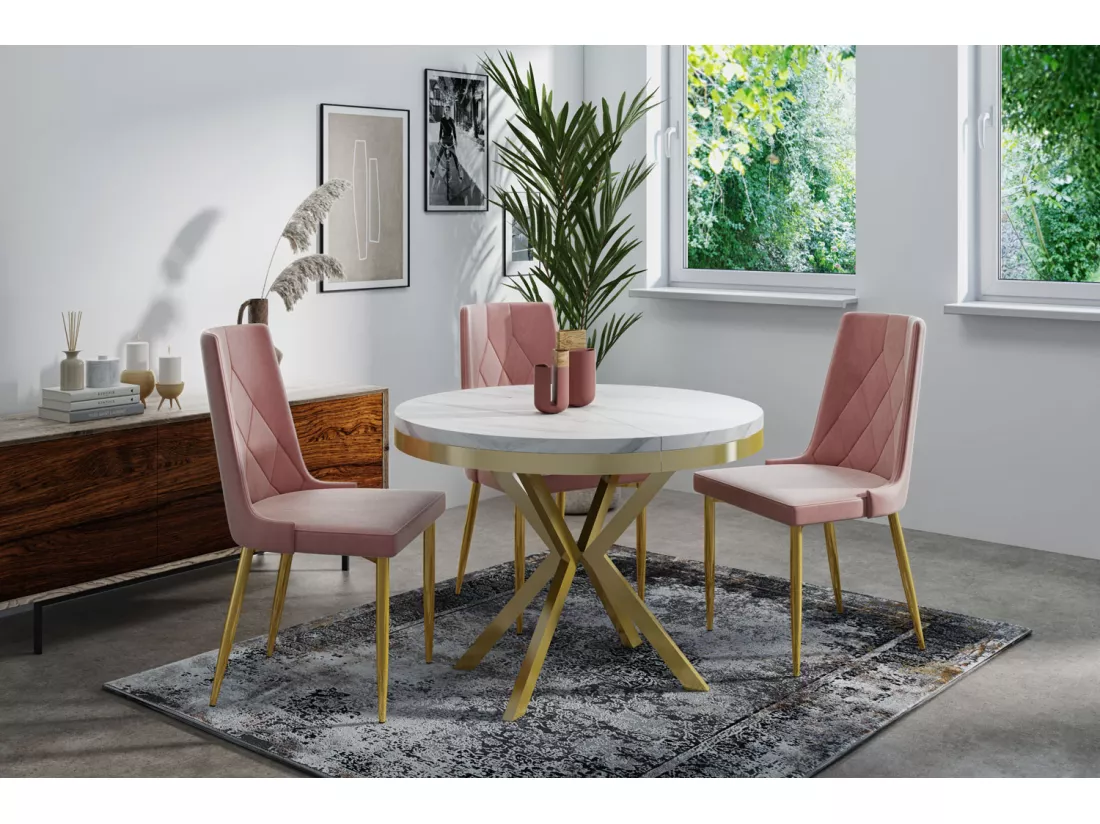 Table à Manger Extensible Ronde - Table Style Loft Avec Doré Pieds En Métal - 120 à 200 Cm - Table Ronde Style Industriel Pour Le Salon - Compacte - 120 Cm - Marbre