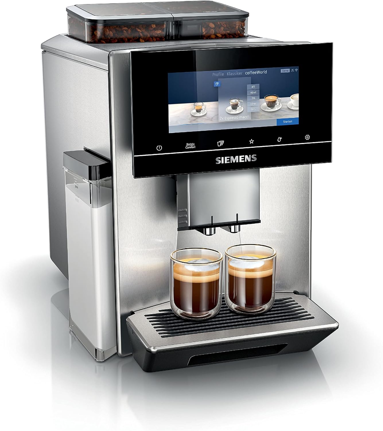 Siemens, machine à café automatique EQ900 TQ903D03, contrôle par l'application, écran tactile, mode barista, AromaBoost, réduction du bruit, broyeur premium, nettoyage à la vapeur, 1 500 W, inox