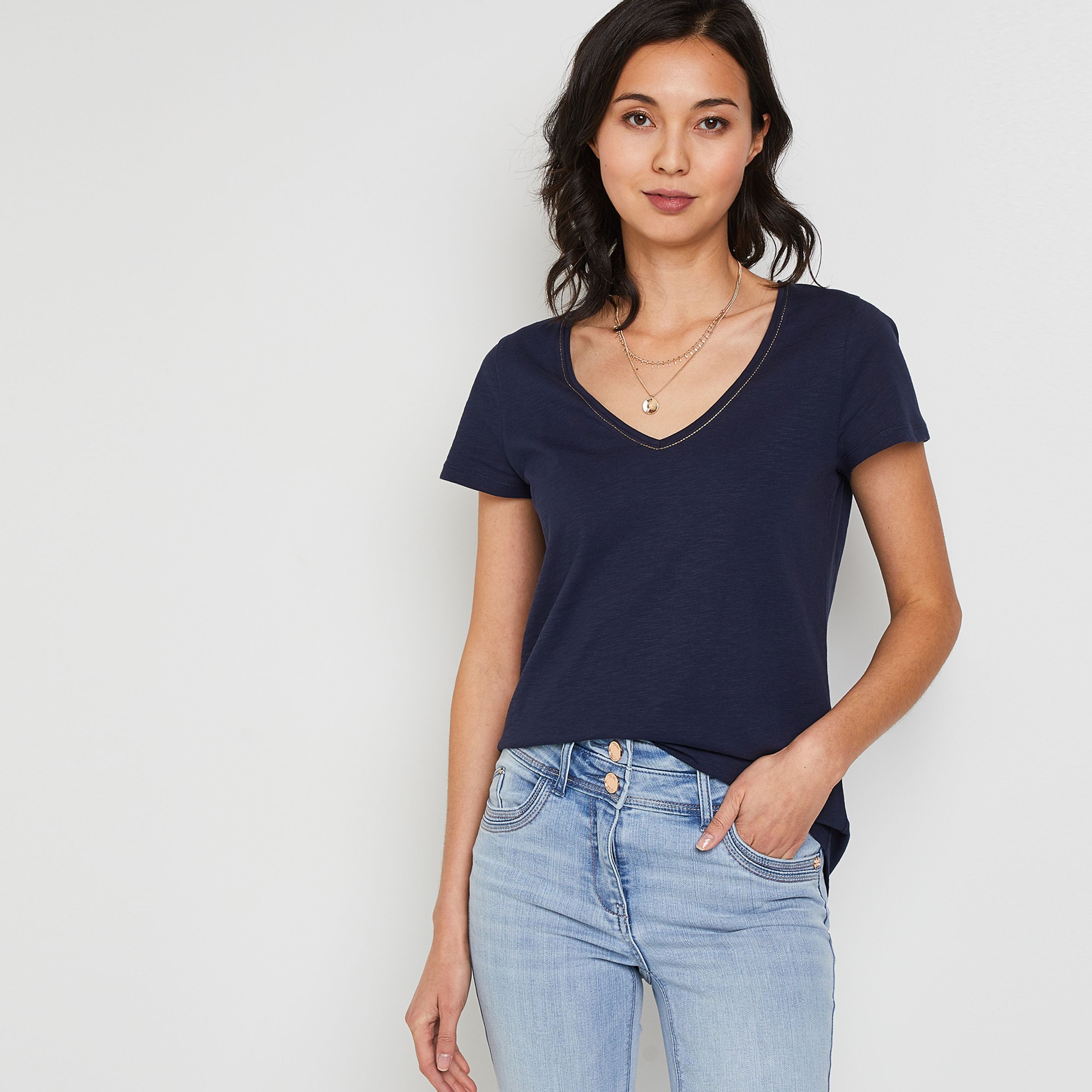 T-shirt manches courtes V femme - MARINE