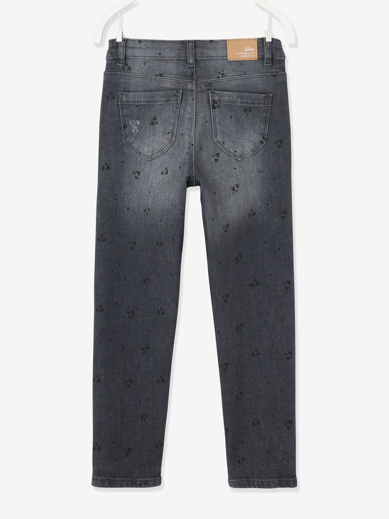 Calça jeans reta com detalhes desgastados, para menina, lavagem azul média