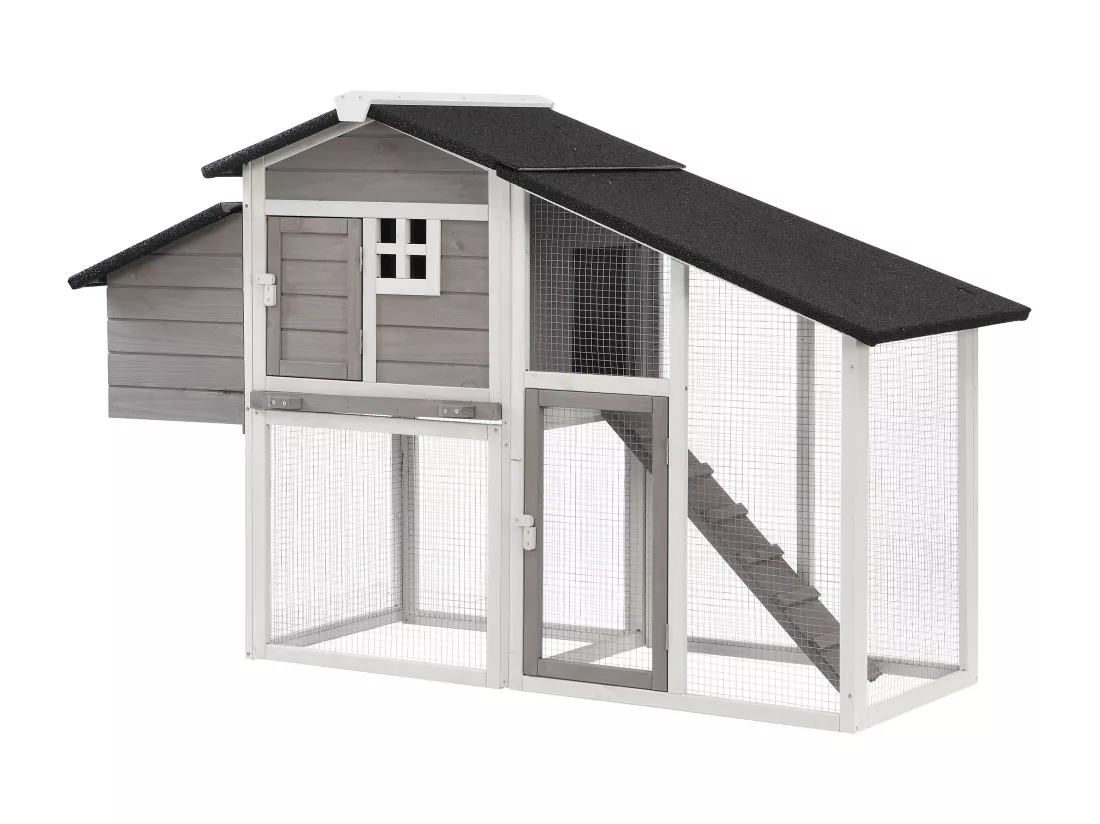 Poulailler en bois avec enclos - 4 poules - L. 173 x P. 64 x H. 108 cm - Blanc et gris - LEVAS