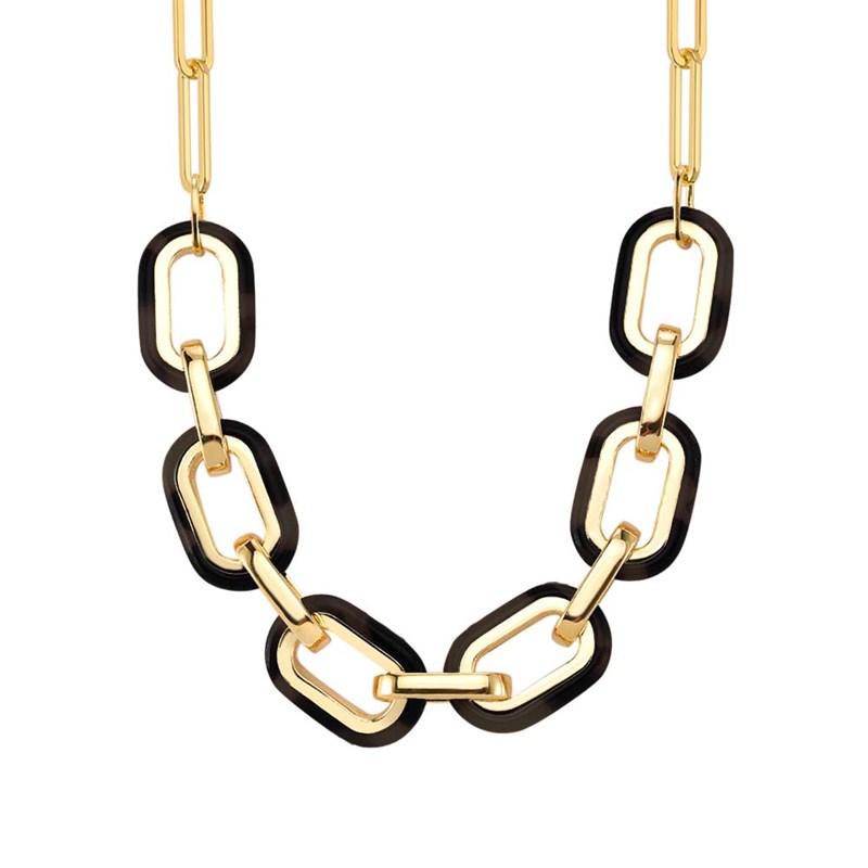 Collier En Argent Rectangle Doré Et Acétate Noire Anaïs