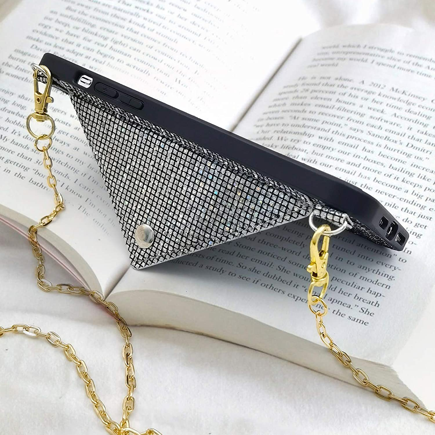 iPhone 14 Pro Necklace Schutz Hülle mit Kartenfach   Handykette (115cm) - Schwarz (Glitzer)