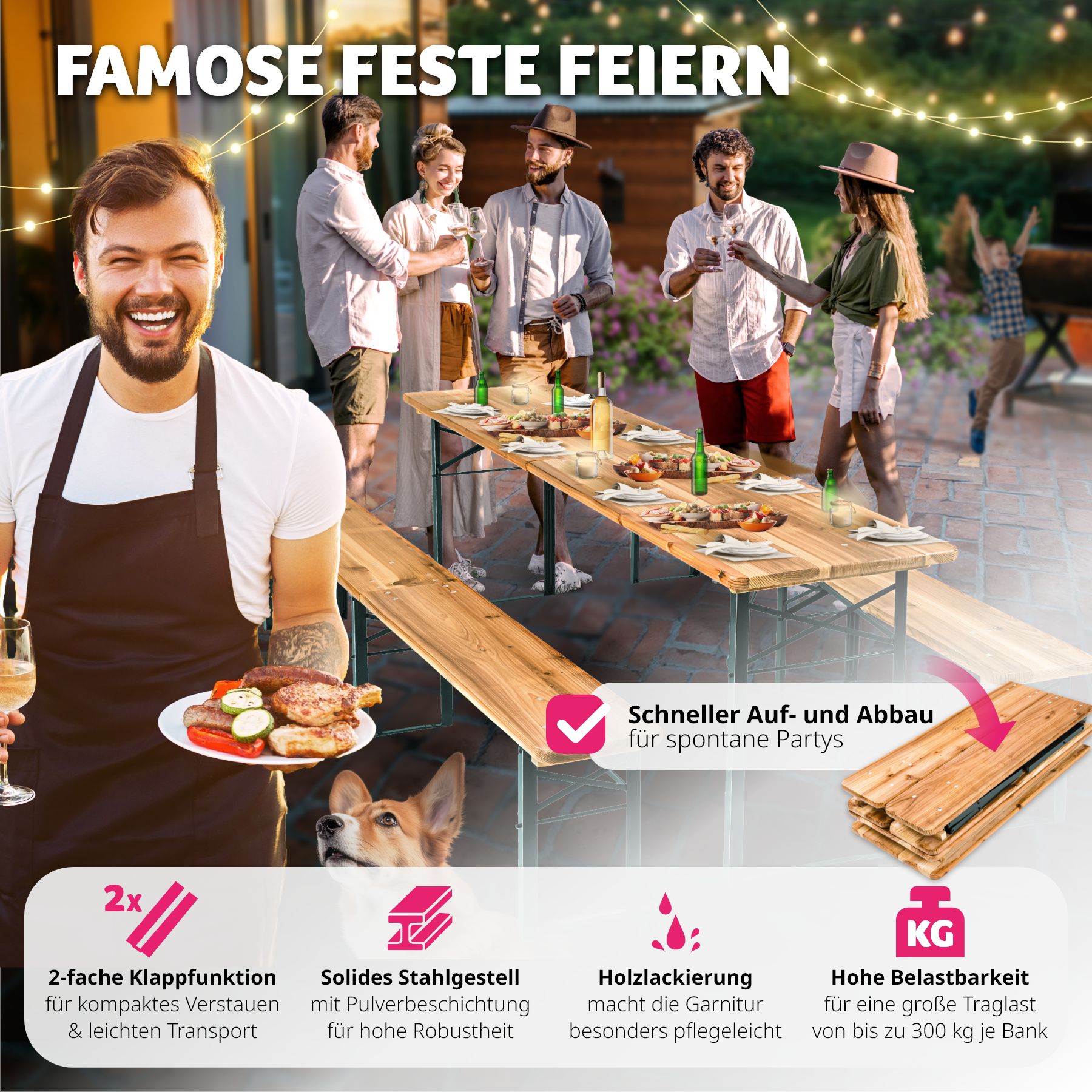 tectake® Bierzeltgarnitur, 3-teilig, belastbar, Holzlackierung mit Klarlack