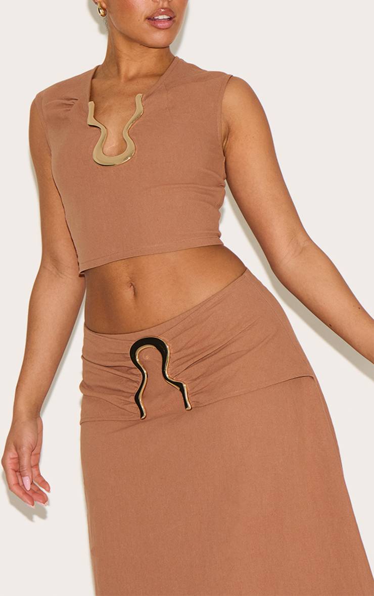 Moka Top Court Crème Aspect Lin Bordure Ondulée Dorée Shape