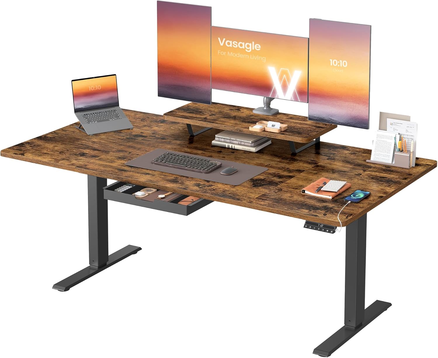 VASAGLE Höhenverstellbarer Schreibtisch, 160 x 80 cm, flexibel montierbarer Monitorständer, Schublade, USB-C-Anschluss, Erinnerung bei langem Sitzen, für Büro, vintagebraun LSD156KD01