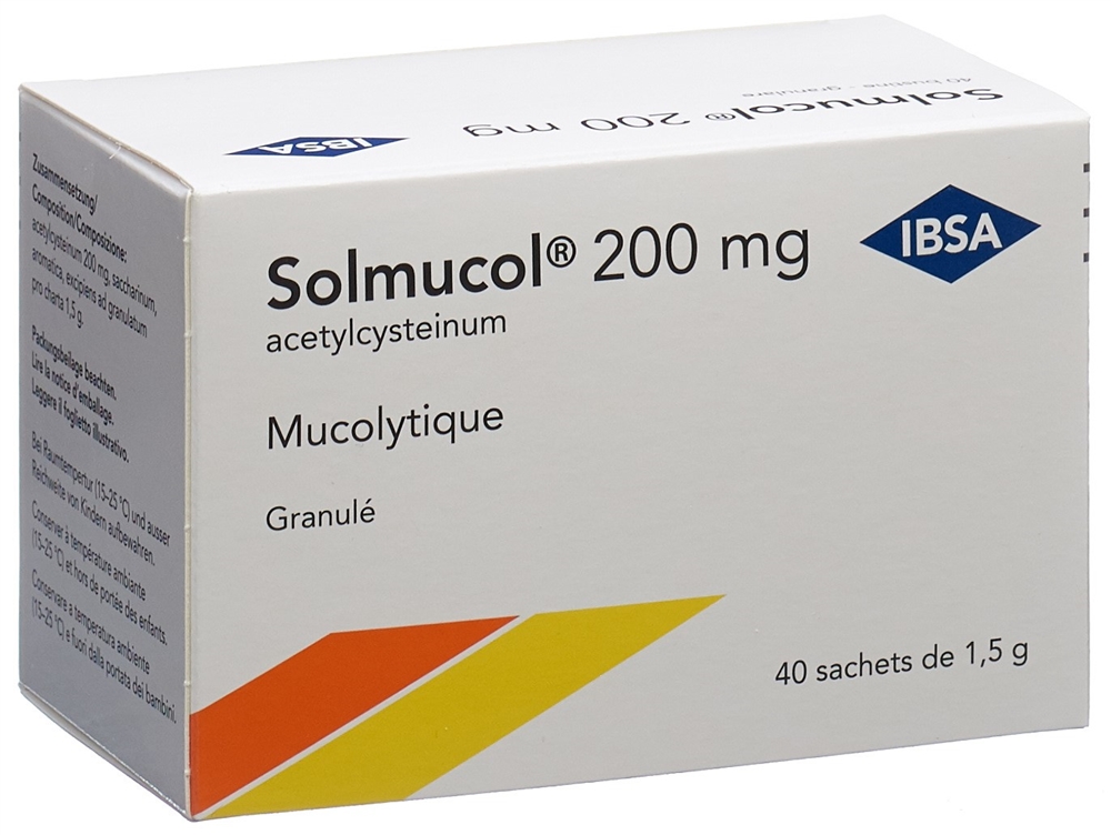 SOLMUCOL Gran 200 mg ohne Zucker Btl 1.5 g<br>40 × 1.5 g, Beutel, Granulat zur Herstellung einer Lösung zum Einnehmen, ohne Zucker
