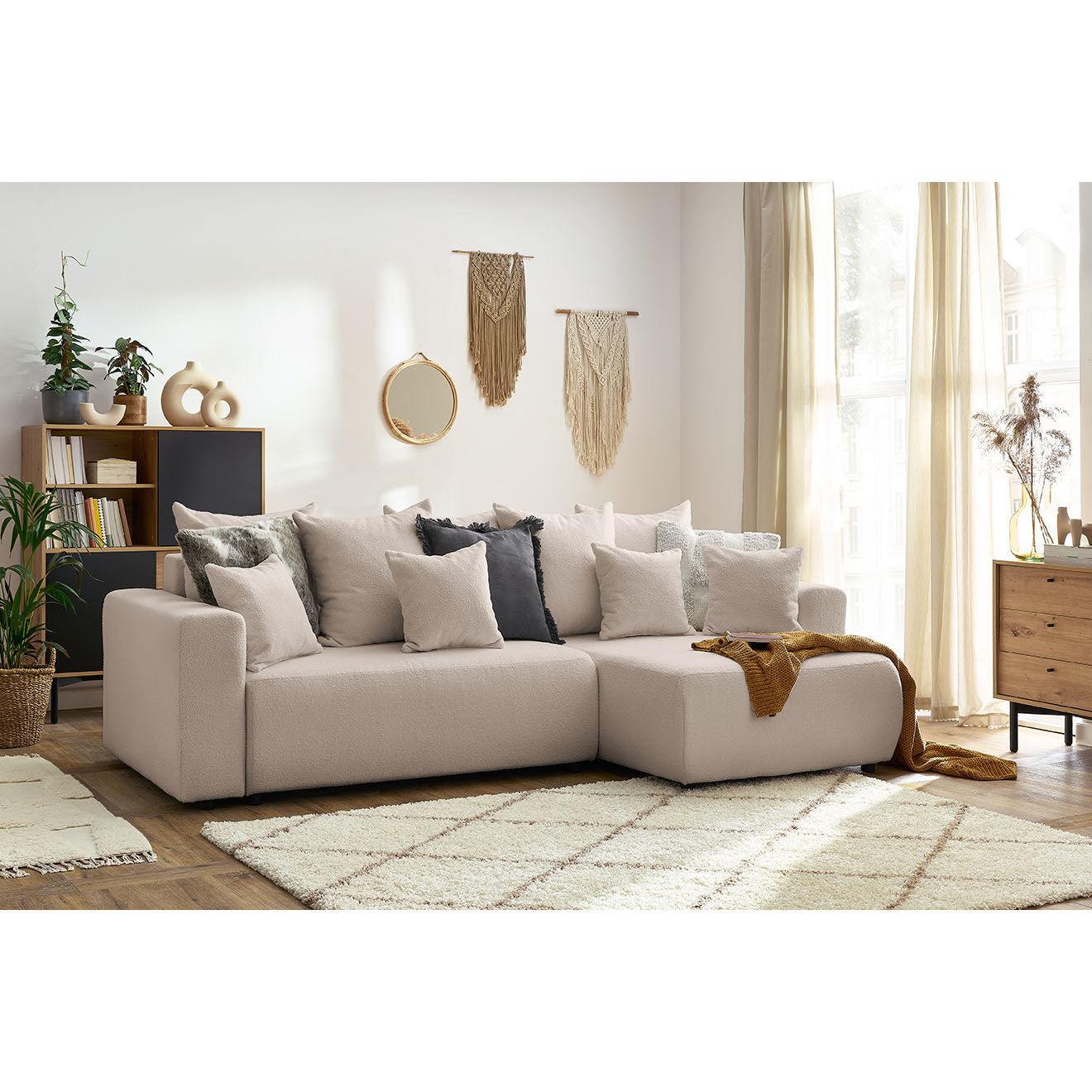 Bobochic Canapé d'angle convertible reversible bouclette Envy beige - 282x153x95 cm
