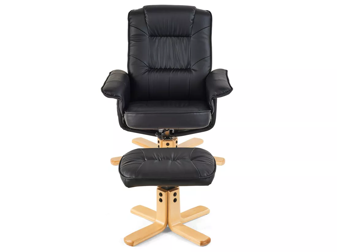 Fauteuil de relaxation CHARLY avec repose-pieds pouf siège pivotant dossier inclinable assise rembourrée relax, en synthétique noir