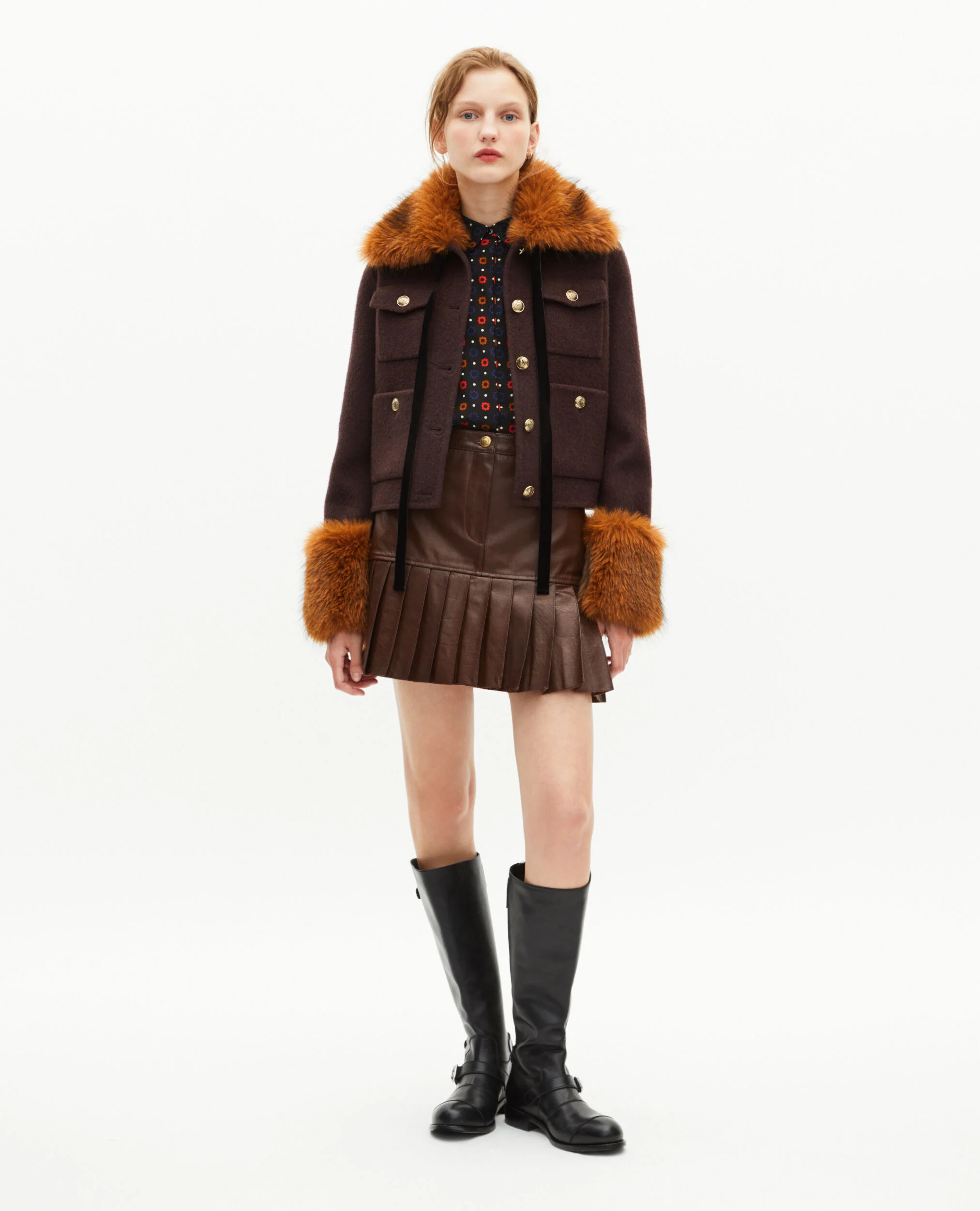 Blouson court en laine col sherpa marron