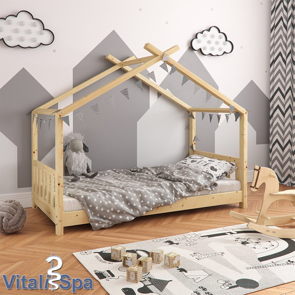 VITALISPA Kinderbett Hausbett DESIGN 80x160cm Natur Zaun Kinder Holz Haus Hausbett mit Matratze