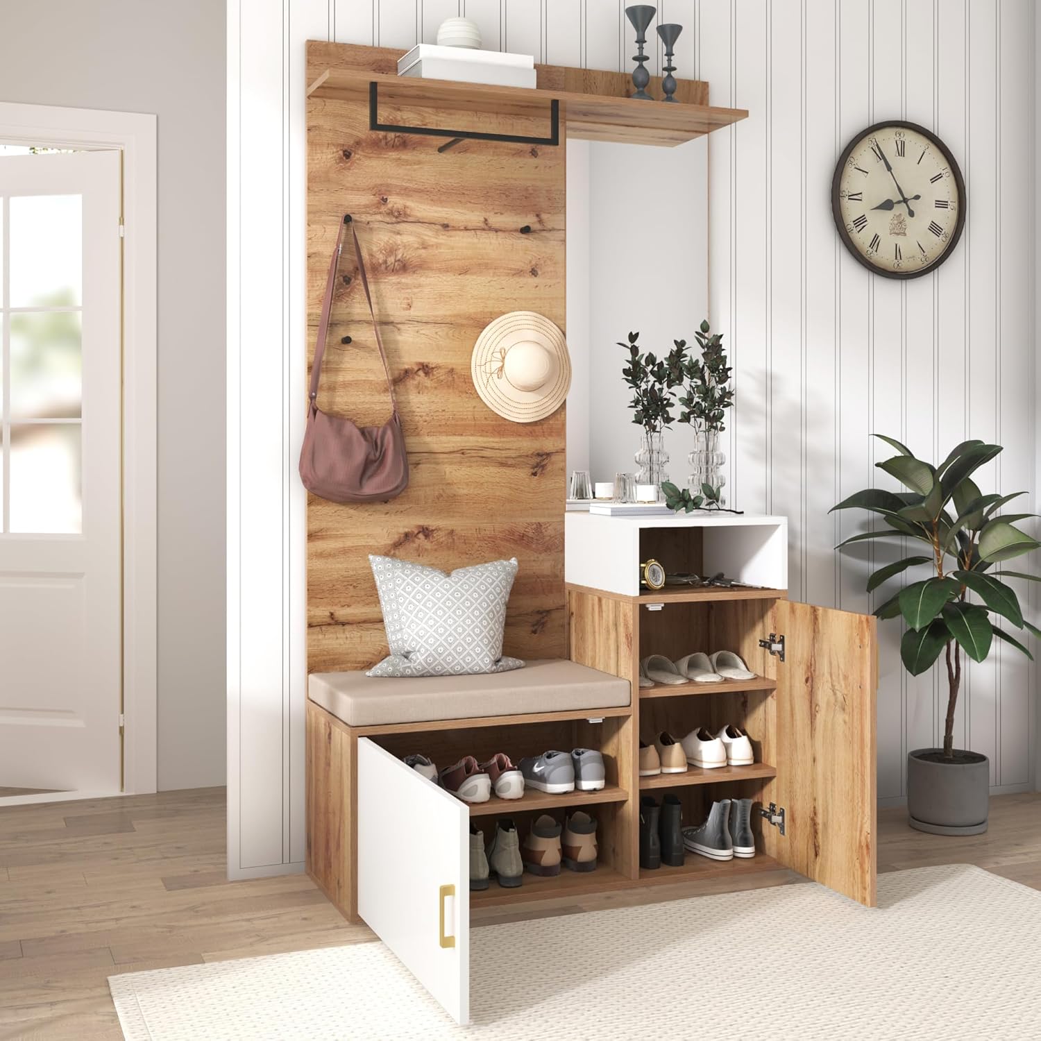 Garderoben-Set, Flurgarderobe mit Sitzbank & Spiegel, Garderobe mit Schuhschrank, Kompaktgarderobe mit 6 goldenen Kleiderhaken, Kissen, oberes Ablagefach, 105 * 40 * 190.5cm Weiß + Holzfarbe