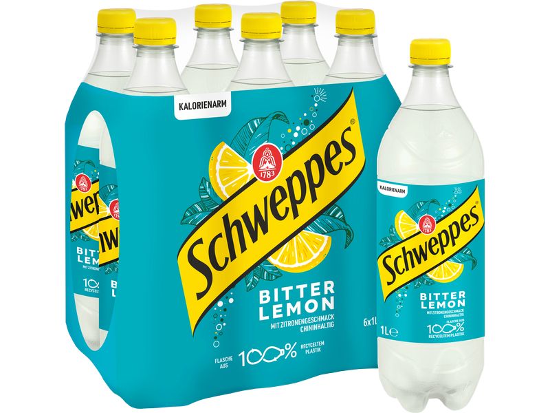 Schweppes Soft-Drinks Bitter Lemon 6 x 1 l Bittersüsses Erfrischungsgetränk mit prickelnder Kohlensäure