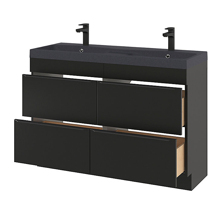 Ensemble salle de bains l.120 cm meuble à poser Imandra noir mat + plan double vasque résine noir