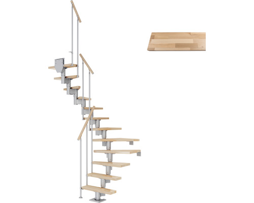 Pertura Spiros middentrap, parelgrijs, halve draai, 75 cm, balustrade, beuken gelamineerd hout, gelakt, 11 treden / 12 stootborden